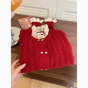 小个子新年衣服蕾丝拼接红色毛衣外套女秋冬季慵懒风加厚针织开衫