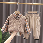 婴幼儿秋冬装0韩版套装1-4岁男宝宝3加绒厚衬衫，三件套外出服保暖2