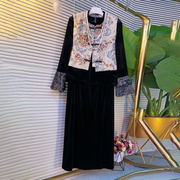 新中式国风套装大码女装200斤胖MM马甲丝绒衫半身丝绒裙三件套
