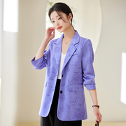 高级感紫色印花西装外套，女2024春装，休闲百搭气质职业长袖西服