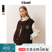 eland衣恋棒球服女宽松学院风卫衣，撞色拼接仿羊羔毛外套(毛外套)上衣