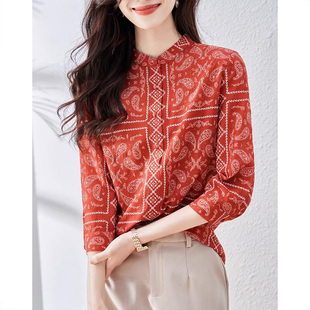 品牌折扣红色衬衫女春秋时尚文艺复古气质减龄印花七分袖上衣