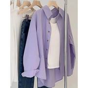 紫色衬衫外套女装2024春秋款长袖，显瘦外搭polo领衬衣日系上衣开衫
