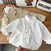 2024春季儿童长袖衬衫中大男孩子学生，宽松韩版棉质，柔软个性白上衣(白上衣)