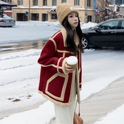红色复古短款羊羔毛外套(毛，外套)女冬季2023时尚韩系皮毛一体加厚棉服