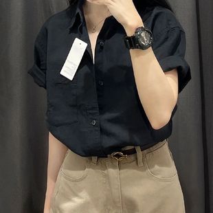 纯棉黑色短袖衬衫女夏季韩版日系，高级感气质，简约百搭t恤上衣
