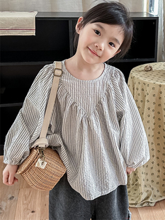 女童装条纹衬衫春季韩版蝙蝠，袖宽松衬衣复古文艺日系棉质长袖上衣