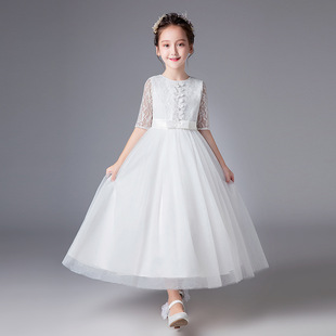 儿童中袖白色婚纱裙女童公主长裙子大童长款礼服连衣裙表演出服装