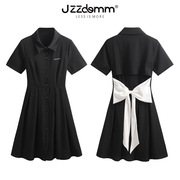 JZZDEMM气质小黑裙女法式复古后背蝴蝶结系带设计感针织连衣裙子