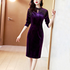 紫色金丝绒连衣裙女式长袖2023年秋冬高端奢华气质宴会礼服裙