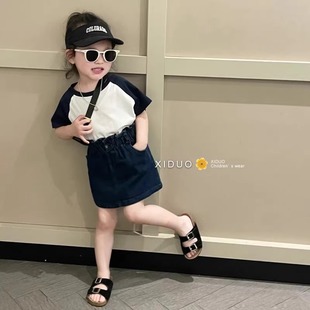 韩版女童装夏装2024宽松洋气，插肩袖t恤牛仔短裙两件套装舒适