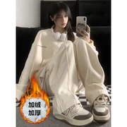 宽松大码运动套装女冬季加绒加厚学生韩版时尚卫衣休闲两件套