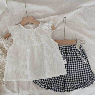 韩版女童夏季无袖上衣洋气宝宝蕾花边白色娃娃衫公主小童小衫宽松