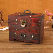欧式带锁带镜子木质梳妆盒子古典中式收纳盒仿古桌面化妆首饰木盒