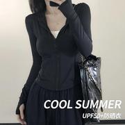 黑色冰丝防晒衣女夏季修身瑜伽服短外套，防紫外线速干运动紧身上衣