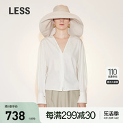 less春季棉质白色衬衫，女休闲简约v领系带，长袖套头衬衣2n3213580