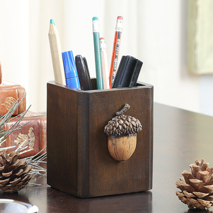 美式木质笔筒收纳盒创意复古学生桌面文具收纳笔筒摆件办公室用品