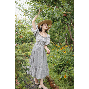 molifusu原创《三个蝴蝶结》100全棉色织高密浅蓝格子法式连衣裙