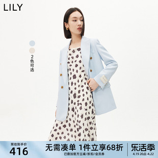 抗紫外线LILY夏防晒双排扣通勤廓形蓝色小西装外套女