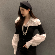 韩国chic早春法式小众翻领撞色拼接假两件设计修身显瘦长袖衬衫女