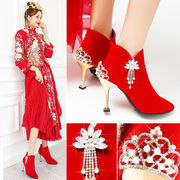 高档奈驷婚鞋女新娘高跟鞋细跟加绒红色高跟短靴结婚新娘，鞋冬季秀