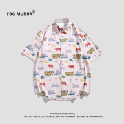 FOG MURUA夏季潮牌创意满印短袖衬衫男街头宽松情侣百搭休闲衬衣