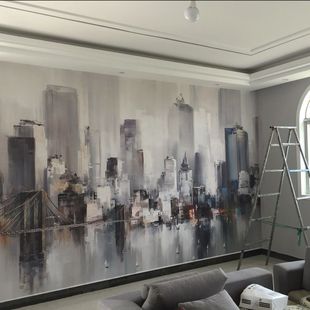 北欧手绘抽象城市油画艺术壁纸客厅电视背景墙纸个性纽约建筑壁画
