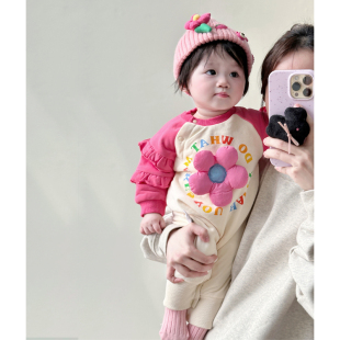 冬装韩版婴儿立体花朵加绒加厚拼接长袖连体，衣女宝宝保暖外出爬服