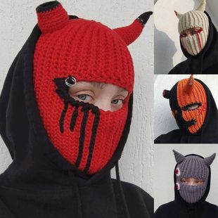 搞怪恶魔角面罩节日派对动物头套，秋冬保暖针织，毛线帽子牛角套头帽