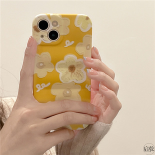 黄色油画花朵iphone13手机壳适用苹果13promax磨砂软壳1211液态硅胶，xrxsmax全包防摔女生女神14promaxplus