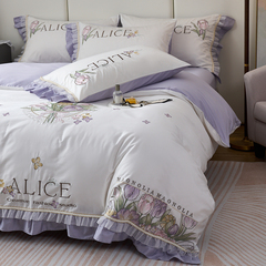 韩式公主风纯棉100支长绒棉四件套紫色床单被套柔软全棉床上用品
