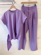 紫色时尚气质两件套立体剪裁上衣直筒裤裤子，套装女装春夏2020