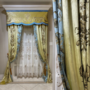 欧式奢华客厅卧室绒布烫金黄拼接蓝色定制窗帘美式法式绣花纱