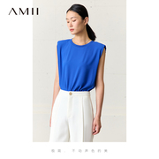Amii2024夏极简纯色个性无袖垫肩套头宽松雪纺T恤女上衣