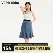 Vero Moda牛仔半身裙2023秋冬高腰千鸟格印花鱼尾裙复古时髦