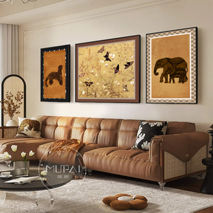 中古风客厅装饰画大象艺术，沙发背景墙挂画大气，高级感中式三联壁画