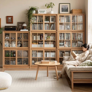 小七的木头纯实木书柜，落地自由组合书架移门展示柜靠墙推拉门书橱