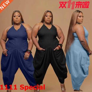 欧美跨境时尚女大码5xl纯色吊带哈伦，连体裤largesizejumpsuits