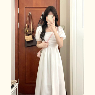 法式温柔方领白色连衣裙女夏季小个子泡泡袖显瘦气质高腰长裙