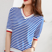 韩版夏季v领天蓝色海军风上衣，t恤短袖冰丝针织常规短款潮