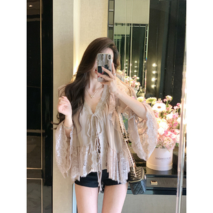 JustQin少女双调2025新款春装气质雪纺衫小衫长袖蕾丝衬衫女