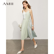 Amii海边度假法式撞色连衣裙夏季薄荷绿V领吊带裙修身长裙女