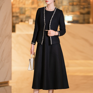 黑色小香风套装裙，高级感2023洋气气质时尚，名媛长袖毛呢两件套