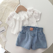 韩版女童荷叶边上衣洋气，白色蕾丝刺绣，宝宝t恤夏儿童小童薄款短袖