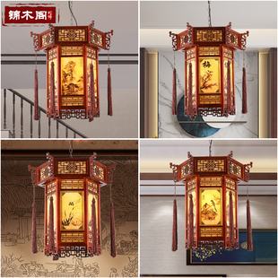 中式吊灯仿古寺庙走廊灯实木，酒楼包间羊皮，灯具中国风宫廷古典灯笼
