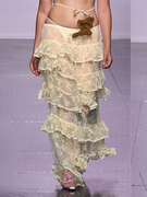 Chilli Sweetie设计感浪漫蕾丝层叠半身裙不规则拼接透视复古长裙