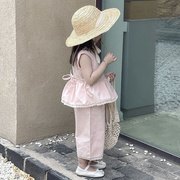 女童韩版刺绣夏季蕾丝粉色甜美无袖，套装女宝背心裤子两件套潮