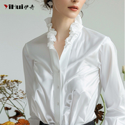白色衬衫女长袖上衣设计感木耳边立领衬衣，职业ol修身显瘦2024春装