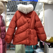 韩国狐狸毛领围脖羽绒服女2023冬设计感时尚洋气收腰系带短款外套