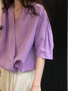 3293欧货短袖紫色衬衫女夏季高级设计感小众宽松显瘦别致独特衬衣